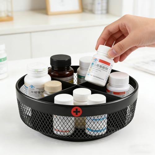 Rotating Medicine Organizer, 11.4 in Lazy Susan Pill Bottle Organizer with 4 Divided Sections, Metal Mesh Turntable Storage Basket for Cabinet, Countertop, Bathroom, Vitamins, Supplements - Image 4