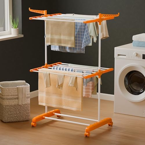 Happer Premium Clothes Stand for Drying with Wheels Portable 2 Layer Rack for Balcony Foldable Wings 14 Hanger Rods Anti Rust Steel Metal (Orange Compact Jumbo) by Happer