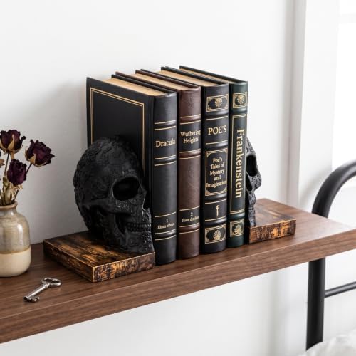 Skull Bookends, Heavy-Duty Gothic Skeleton Book Holder Set - Image 3