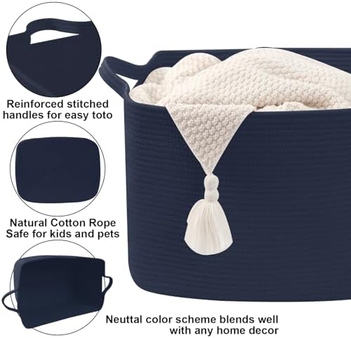96L Woven Laundry Basket with Handles, Extra Blanket Basket,Navy - Image 3