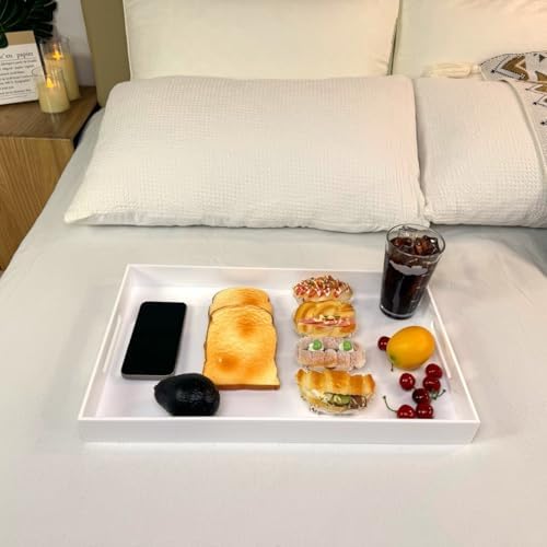 KEVLANG Glossy White Sturdy Acrylic Serving Tray with Handles-12x20 Inch-Serving Coffee Appetizer Breakfast-Kitchen Countertop Makeup Drawer Organizer-Vanity Table Ottoman Decorative Tray - Image 5