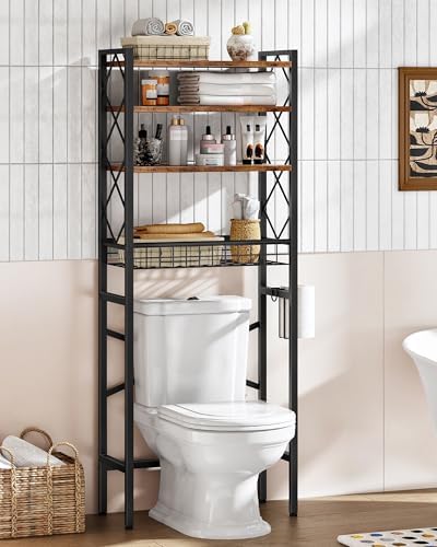CHOEZON Over The Toilet Storage Rack, 4-Tier Bathroom Organizer Shelf, Over Toilet Storage with Wire Basket and Toilet Paper Holder, Adjustable Shelves, for Bathroom, Rustic Brown and Black TTS03BF by Choezon