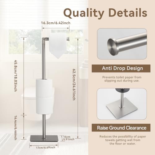 Freestanding Bathroom Tissue Stand with 180° Rotating Arm, 3-Roll Metal Holder, Rustproof Brushed Nickel - Image 5