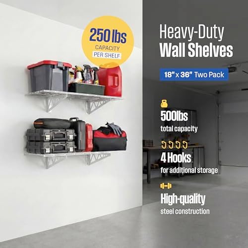 SafeRacks Steel Garage Wall Shelves 2-Pk w/Hooks, 500lb, White (18x36) - Image 2