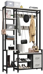 Hall Tree for Entryway 43", Bench with Shoe Storage, Large Coat Rack Shoe Bench with 5 Tier Shelves, 5 in 1 Design Front Door Shoe Rack and Wall Rack Hooks, and 2 Drawers (Rustic White) - Image 2