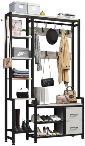 Hall Tree for Entryway 43", Bench with Shoe Storage, Large Coat Rack Shoe Bench with 5 Tier Shelves, 5 in 1 Design Front Door Shoe Rack and Wall Rack Hooks, and 2 Drawers (Rustic White) - Image 2