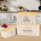 Kitchen Vegetable Storage Set of 3, Metal Onion Garlic Potato Storage Set, Kitchen Canisters Vegetable Keeper Containers with Aerating Holes and Bamboo Lid，Beige - Image 2