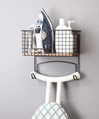 SunnyPoint Ironing Board Hanger & Iron Holder with Large Storage Basket, Over The Door or Wall Mount Iron and Ironing Board Organizer for Laundry Room, Metal with Wood Panel - Image 3