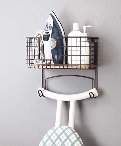SunnyPoint Ironing Board Hanger & Iron Holder with Large Storage Basket, Over The Door or Wall Mount Iron and Ironing Board Organizer for Laundry Room, Metal with Wood Panel - Image 3