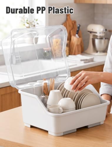 Tomorotec Plastic Dish Drying Rack & Drain Board with Lid Cover Light White - Image 5