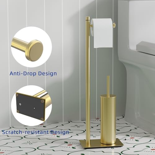 RUACQ Toilet Paper Holder Stand with Toilet Brush & Holder Set, Gold - Image 4