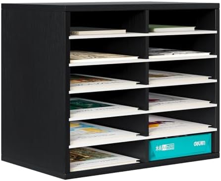 PAG-Mass Countertop Mail Sorter Organizer, Wooden Literature Organizer, Student Mailbox for Classroom, Desktop Bill Organizer for Office Home School, 12 Compartments, Black&White by PAG