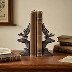 Decorative Bookend Deer Head Antler Book Ends Heavy Duty Cast Iron Vintage Shelf Decor, Antique Brown - Image 2