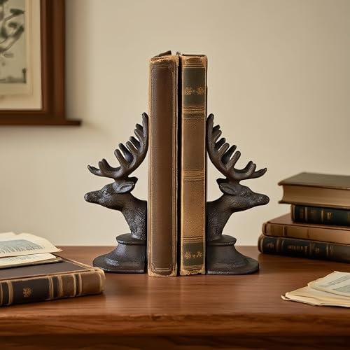 Decorative Bookend Deer Head Antler Book Ends Heavy Duty Cast Iron Vintage Shelf Decor, Antique Brown - Image 2