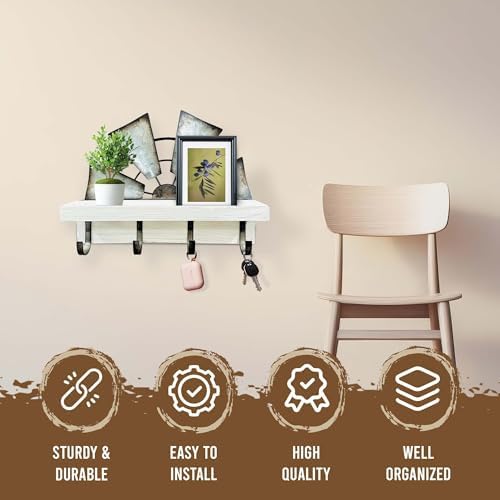 Windmill Key Holder Wall Mount, Decorative Wall Mounted Key and Mail Rack with Shelf, Farmhouse Wall Decor, 4 Rustic Hooks for Coats & Keys, White Western Key Holder. - Image 5