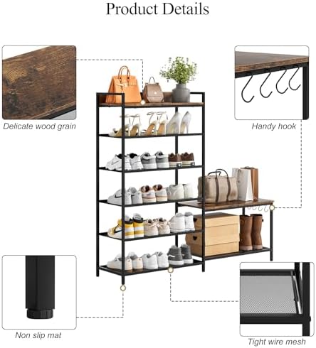 Shoe Rack Bench Storage Organizer for entryway,6-Tier Industrial Free Standing Shoe and Boot Racks with Seat,Entrance Shoe Rack Organizer Shelves for High Heels,Hallways, Closets,Brown,48.7in - Image 4