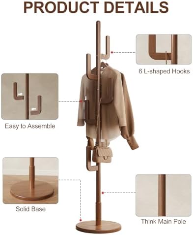 Muwuele Solid Wood Cactus Coat Rack, Freestanding Coat Rack With 6 L-Shaped Hooks and 3 Adjustable Sizes, Coat Tree for Bedroom, Entryway, Livingroom, Coat Hanger Stand for Coats, Handbags (Walnut) - Image 6