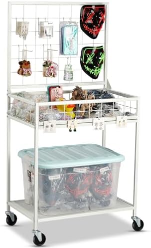 AHOWPD Grid Wall Panels Display Cart - Rolling Heavy Duty Metal Wire Grid Wall Display Stand Rack with 10 Hooks & 10 S Hooks for Craft Shows, Retail Art Fair and Flea Market (White Cart, 1 pc) by AHOWPD