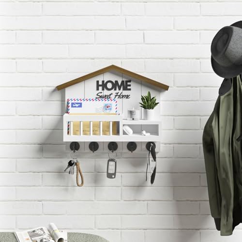 Key and Mail Holder for Wall, Wall Key Holder with Shelf, Key Rack Wall Mount, Wood Key Holder Wall Mount White, Mail Organizer Wall Mounted, Entryway & Front Door Key Holder with 5 Hooks - Image 2