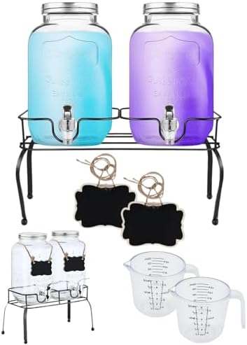 2 Pack 4L Laundry Detergent Dispenser with Stand, Glazeal 1 Gallon Glass Containers for Fabric Softener, Bleach & Laundry Room Organization, Includes 2pcs Measuring Cup & 2pcs Chalkboards by Glazeal