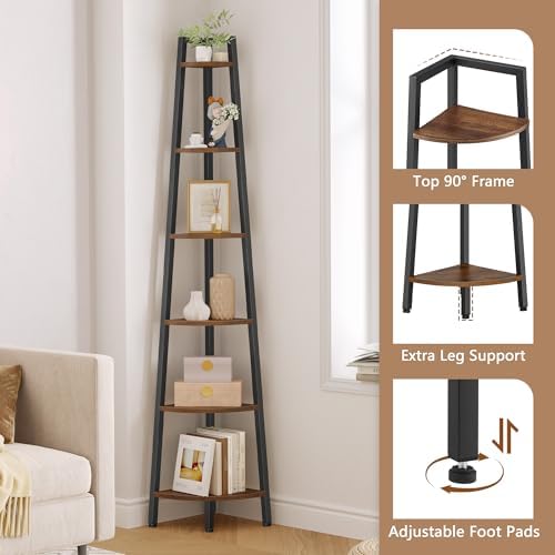 Hoctieon Corner Shelf, 6-Tier Corner Bookshelf, Rustic Ladder Shelf, Industrial Display Stand for Living Room, Kitchen, Home Office, Balcony, Small Space, Metal Frame, Rustic Brown - Image 3