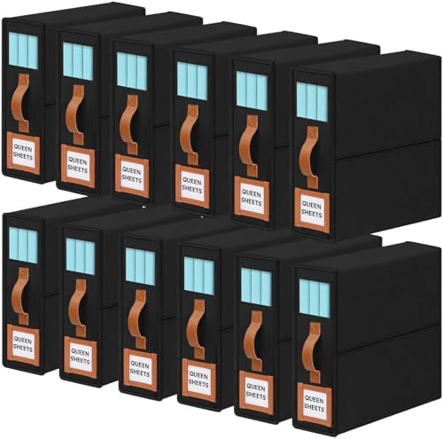 GhvyenntteS 12 Pack Bed Sheet Organizers and Storage, Sturdy Bed Sheet Organizer with Zipper and Handle, Foldable Linen Closet Organizers and Storage with Window and Label, Black by GhvyenntteS