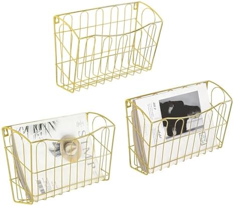TQVAI Hanging Wall File Organizer 3 Pack, Gold Metal Wall Mounted File Holder, No Assembly Required, Curved Pocket Paper Document Rack for Office Home School Magazine Mail Storage by TQVAI