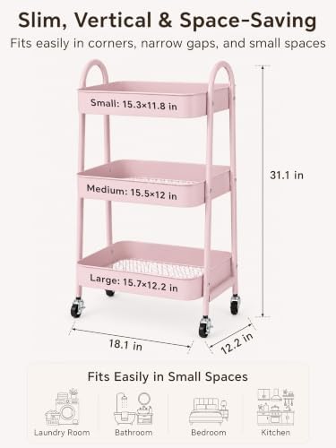 Booklov Rolling Makeup Cart Organizer, 3 Tier Utility Storage Cart, Pink - Image 2