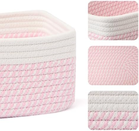 MiniArk Small Storage Baskets for Organizing | Closet Organizer Bins | Shelf Toy Basket | Woven Rope Baskets | Cube Decorative Box | Shallow Basket | 11.5x7.5x4.7” | 4 Packs White Pink - Image 2