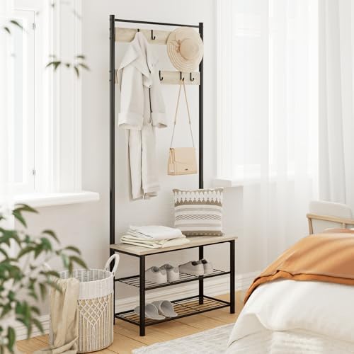 Hall Tree with Bench and Shoe Storage, 3-in-1 Coat Rack, Freestanding Wooden Coat Rack with Shoe Bench with Metal Frame, 3-Tier Storage Shelf and 9 Removable Hooks, Greige - Image 5