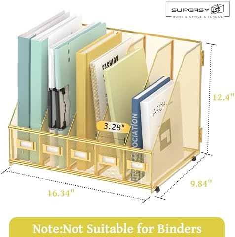 SUPEASY Desk Organizers Metal Desk Magazine File Holder with 5 Vertical Compartments Rack File Organizer for Office Desktop, Classroom, Home Workspace, Gold - Image 3