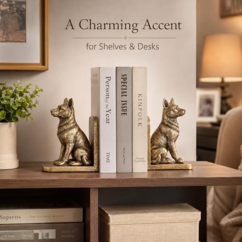 German Dog Bookends Set of 2,Decorative Book Ends for Shelves,Antique Gold Resin Shepherd Dog Statues,Aesthetic Bookshelf Decor,Book Holders for Home Office Desk Library,Vintage Shelf Styling Gift - Image 5