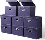 STOREONE Fabric Storage Cube Bins Foldable Organizer Container Collapsible Basket with Lids and Metal Handles, for Home, Bedroom, Closet 8 Pcs (Navy Blue) by STOREONE