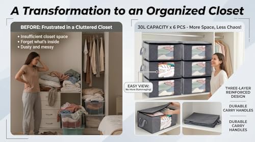 Storage Clothes Bins Closet Bags - 35L Containers Organizer Boxes Clothing Bin Organization for Organizing Blanket Pillow Sheet Sweater, Foldable Bedroom Small Storage Totes With Lids Zipper, 6pc Pack - Image 5