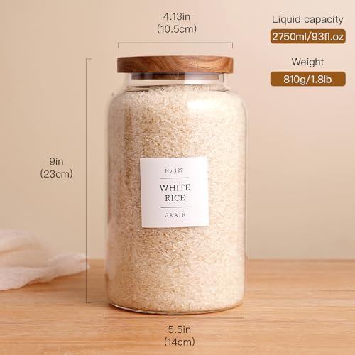 CZHQSMZ Set of 2 Large Glass Jar with Airtight Acacia Lid and 132 Kitchen Pantry Labels, Clear Glass Food Storage Jars Containers for Rice Flour Pasta Sugar Coffee Cookie and More(98 Fl Oz/2800 Ml) - Image 3