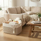 JMvicyroam 96L Large Woven Cotton Rope Blanket Basket, White&Oatmeal - Image 2