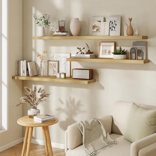 Fun Memories 48 Inch Floating Shelves, 9.3 Inch Deep Wall Shelves for Bathroom, Living Room, Bedroom, Kitchen, Deep Long Shelf Wall Mounted 1 Pack Shelf for Books, Decor, Oak - Image 2