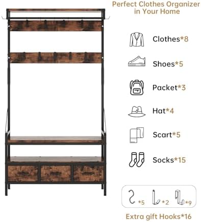 Hall Tree with Bench and Shoe Storage, Freestanding Entryway Coat Rack with 3 Fabric Drawers, 16 Hooks - Image 4