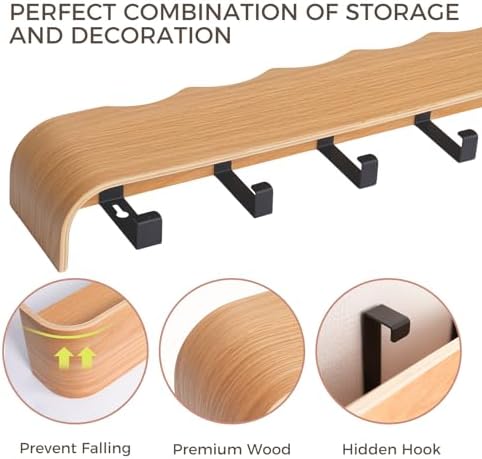 Coat Rack Wall Mount with Shelf Entryway Shelf Modern Key Holder Hanger Wall Shelves with Hidden Hooks for Hanging Towels Coats Hats Bags for Hallway Bathroom Bedroom(Wavy Oak, 5 Hooks) - Image 5