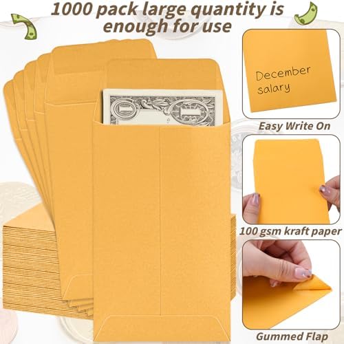 1000 Pack Money Envelopes 3.5x6.5in Brown Kraft Small Cash Envelopes Small Parts Envelopes with Gummed Flap for Home and Office Use, Small Item Organizer - Image 5