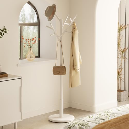 Muwuele Coat Rack, Solid Wood Coat Rack Freestanding with 12 Hooks, Coat tree freestanding 3 Adjustable Heights for coat, Hats, Handbags，Coat Stand for Entryway,Bedroom (White) - Image 3