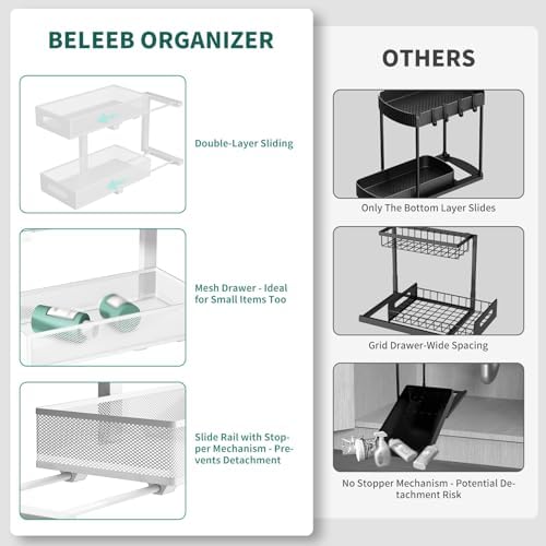 Under Sink Organizer, 2 Pack 2 Tier Metal Slide Out Pull Out Cabinet Organizer Shelf, Height Adjustable Organization and Storage Series, Bathroom/Desktop/Cabinet/Kitchen organization, White - Image 6
