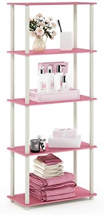 Furinno TURN-N-TUBE Storage Shelves, 5-Tier Book Shelf, Corner Shelf, Toolless Open Shelves, for Organization and Storage, Living Room, Garage, Home Office, Pink by Furinno-FitsYourSpaceFitsYourBudget
