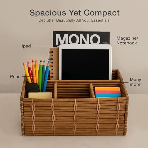 Rattan Desk Organizer – 4-Slot Letter Holder & Mail Organizer Countertop, 12.5"x6"x7.75" Wicker Mail Basket w/Metal Frame for Side Table, Boho Office Decor (White Wash) - Image 2
