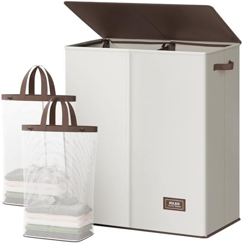 SOLEDI Luxury Double Laundry Hamper with Lid and Removable Bags, 38.3 Gal Large Laundry Bin, Laundry Basket 2 Sections, Collapsible Clothes Hamper for Bedroom, Laundry Room, Bathroom, Off-white by SOLEDI