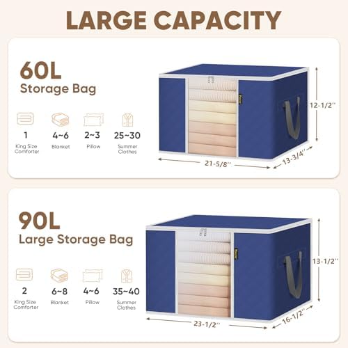 BALEINE 8 Pack Clothes Storage Bags, 16 Gallon Storage Containers with Reinforced Handle, Sturdy Zipper, Closet Organizer for Blanket, Comforter, Pillow, Bedding (Blue, 8 Pack) - Image 6
