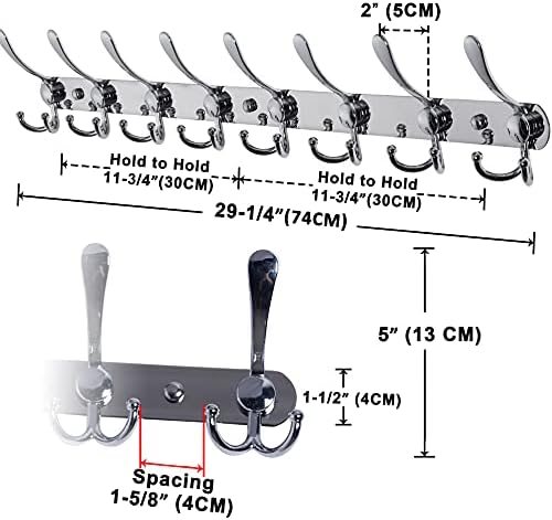 Dseap Coat Rack Wall Mount - 29.5” Long 8-Tri-Hooks Heavy Duty Coat Hanger Rail Wall Hooks for Hanging Coats Hats Clothing Clothes Purse Mudroom Entryway, Chromed, Pack of 2 - Image 7