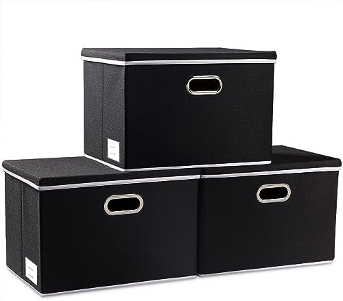 PRANDOM Large Foldable Storage Boxes with Lids [3-Pack] Fabric Collapsible Storage Bins Organizer Containers Baskets Cube with Cover for Home Bedroom Closet Office Nursery Black(17.7x11.8x11.8) by Prandom