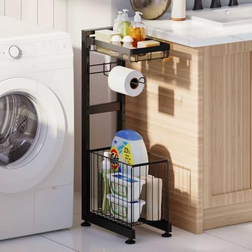 Toilet Paper Holder Stand with Storage Shelf - Multi Tier Metal Toilet Paper Stand with Large Basket for Tissue Rolls, Wipes (Black) - Image 4