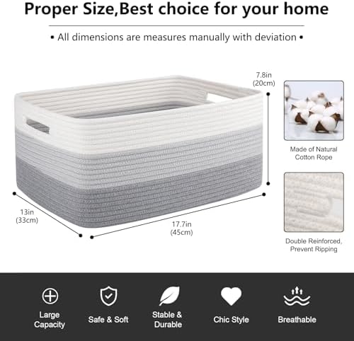 OIASKET Large Storage Basket for Organizing, Woven Rope Basket for Shelves, Closet Organizer Bins for Clothes, Blanket, Toys, Baby Nursery Storage, 17.7" x 13" x 7.87", 2 Packs Gradient Grey - Image 2